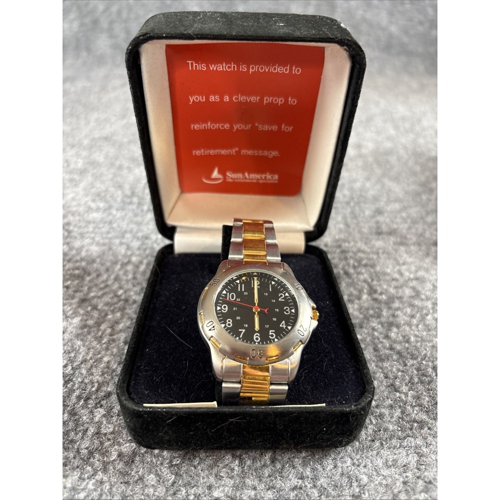 VTG 90s SunAmerica Watch Two Tone Mens Japan Movt Black Dial Gold Silver Promo